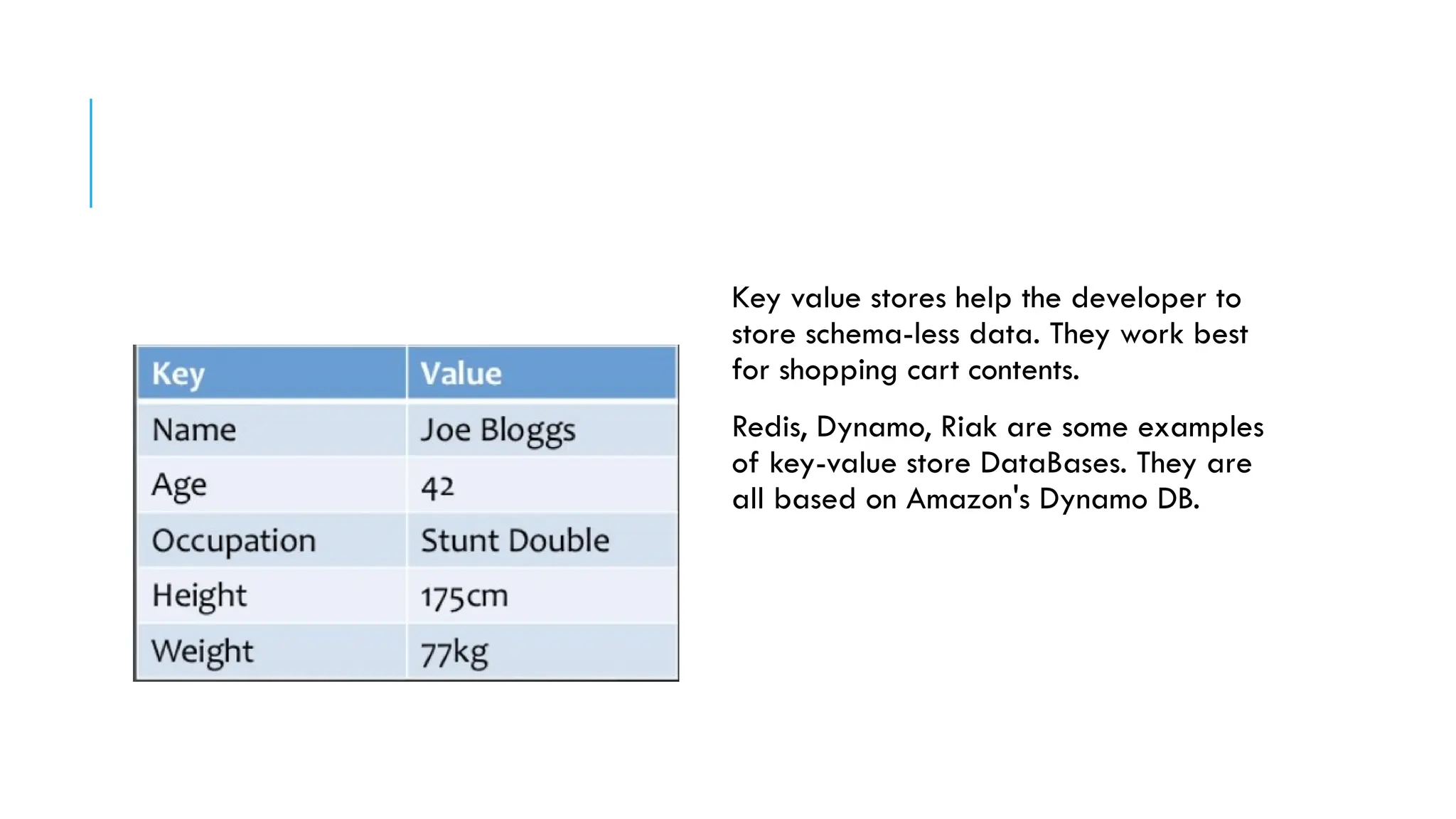 Key value stores help the developer to
store schema-less data. They work best
for shopping cart contents.
Redis, Dynamo, Riak are some examples
of key-value store DataBases. They are
all based on Amazon's Dynamo DB.
 