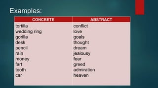 Examples:
CONCRETE ABSTRACT
tortilla
wedding ring
gorilla
desk
pencil
rain
money
fart
tooth
car
conflict
love
goals
thought
dream
jealousy
fear
greed
admiration
heaven
 