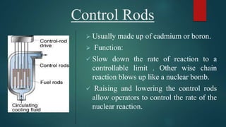 Control Rods
 Usually made up of cadmium or boron.
 Function:
 Slow down the rate of reaction to a
controllable limit . Other wise chain
reaction blows up like a nuclear bomb.
 Raising and lowering the control rods
allow operators to control the rate of the
nuclear reaction.
 