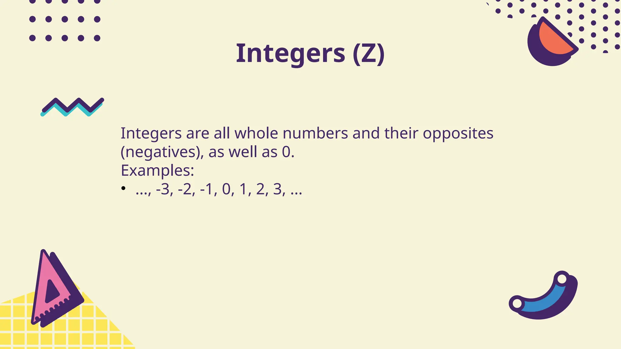 Integers (Z)
Integers are all whole numbers and their opposites
(negatives), as well as 0.
Examples:
• ..., -3, -2, -1, 0, 1, 2, 3, ...
 