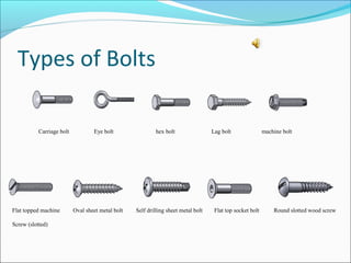 Types of Bolts
Carriage bolt Eye bolt hex bolt Lag bolt machine bolt
Flat topped machine Oval sheet metal bolt Self drilling sheet metal bolt Flat top socket bolt Round slotted wood screw
Screw (slotted)
 