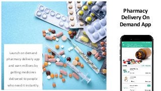Launch on demand
pharmacy delivery app
and earn millions by
getting medicines
delivered to people
who need it instantly.
Pharmacy
Delivery On
Demand App
 