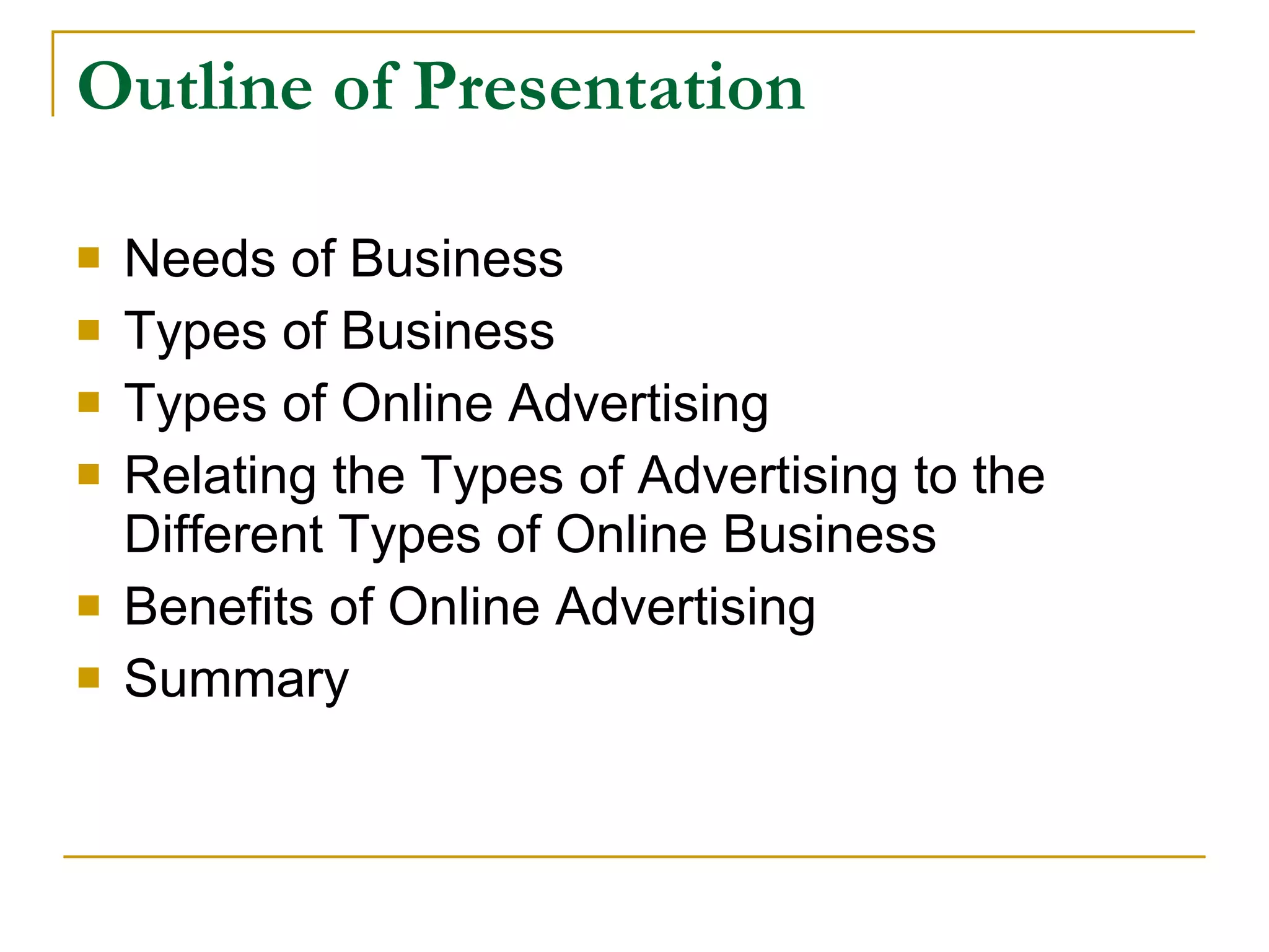 Outline of Presentation Needs of Business Types of Business Types of Online Advertising Relating the Types of Advertising to the Different Types of Online Business Benefits of Online Advertising Summary 