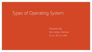 Types of Operating System
Presented By-
Md. Ashikur Rahman
ID no: 191-15-2469
 