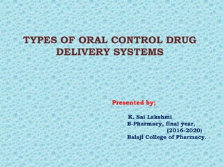 TYPES OF ORAL CONTROL DRUG
DELIVERY SYSTEMS
Presented by;
K. Sai Lakshmi
B-Pharmacy, final year,
(2016-2020)
Balaji College of Pharmacy.
 