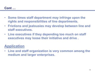14
Cont …
• Some times staff department may infringe upon the
rights and responsibilities of line departments.
• Frictions and jealousies may develop between line and
staff executives.
• Line executives if they depending too much on staff
executives may loose their initiative and drive .
Application
• Line and staff organization is very common among the
medium and larger enterprises.
 