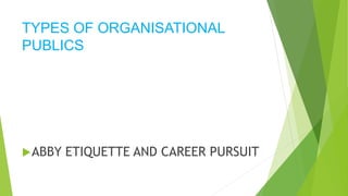 TYPES OF ORGANISATIONAL
PUBLICS
ABBY ETIQUETTE AND CAREER PURSUIT
 