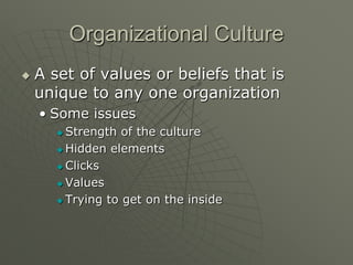 Organizational Culture
   A set of values or beliefs that is
    unique to any one organization
    • Some issues
        Strength of the culture
        Hidden elements

        Clicks

        Values

        Trying to get on the inside
 