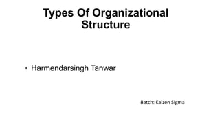 Types Of Organizational
Structure
• Harmendarsingh Tanwar
Batch: Kaizen Sigma
 