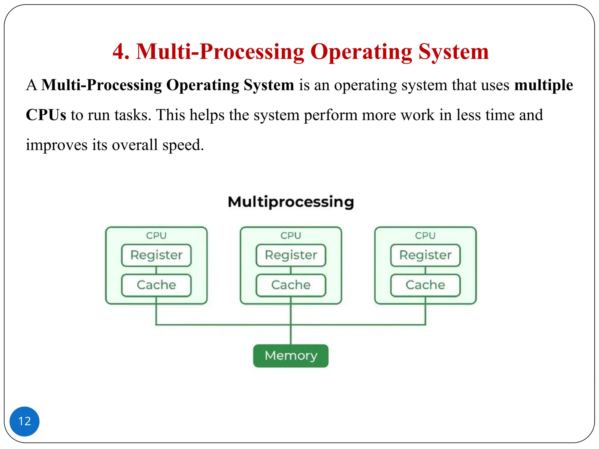 12
4. Multi-Processing Operating System
A Multi-Processing Operating System is an operating system that uses multiple
CPUs to run tasks. This helps the system perform more work in less time and
improves its overall speed.
 