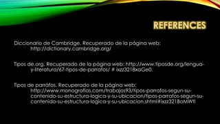Diccionario de Cambridge. Recuperado de la página web:
http://dictionary.cambridge.org/
Tipos de.org. Recuperado de la página web: http://www.tiposde.org/lengua-
y-literatura/67-tipos-de-parrafos/ # ixzz3218xaGe0.
Tipos de parráfos. Recuperado de la página web:
http://www.monografias.com/trabajos93/tipos-parrafos-segun-su-
contenido-su-estructura-logica-y-su-ubicacion/tipos-parrafos-segun-su-
contenido-su-estructura-logica-y-su-ubicacion.shtml#ixzz321BoMWtl
 