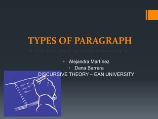 • Alejandra Martínez
• Dana Barrera
DISCURSIVE THEORY – EAN UNIVERSITY
TYPES OF PARAGRAPH
 