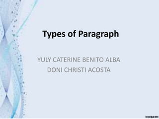 Types of Paragraph
YULY CATERINE BENITO ALBA
DONI CHRISTI ACOSTA
 