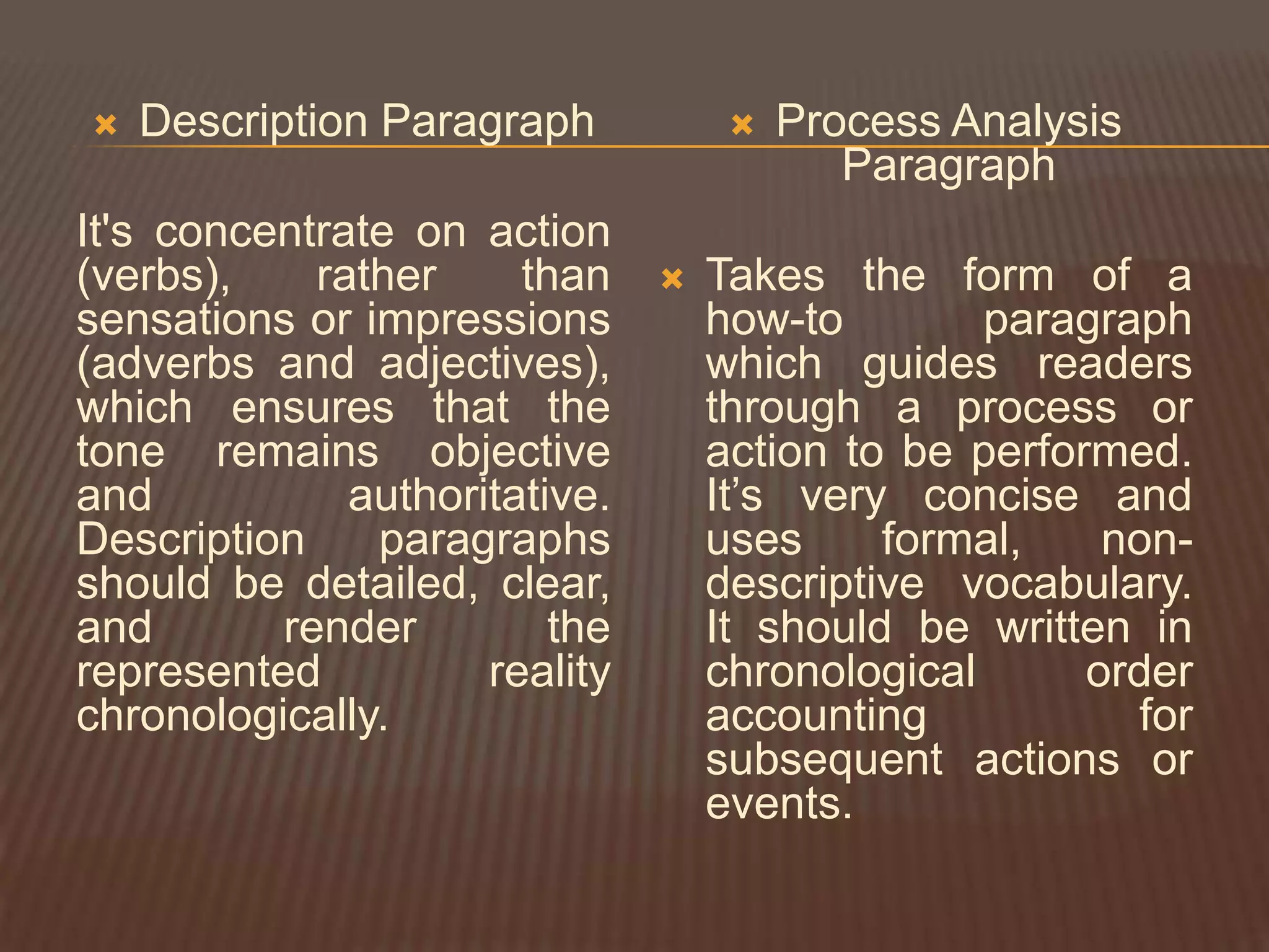    Description Paragraph              Process Analysis
                                           Paragraph
It's concentrate on action
(verbs),    rather     than       Takes the form of a
sensations or impressions          how-to        paragraph
(adverbs and adjectives),          which guides readers
which ensures that the             through a process or
tone remains objective             action to be performed.
and           authoritative.       It’s very concise and
Description    paragraphs          uses     formal,    non-
should be detailed, clear,         descriptive vocabulary.
and       render         the       It should be written in
represented          reality       chronological      order
chronologically.                   accounting           for
                                   subsequent actions or
                                   events.
 
