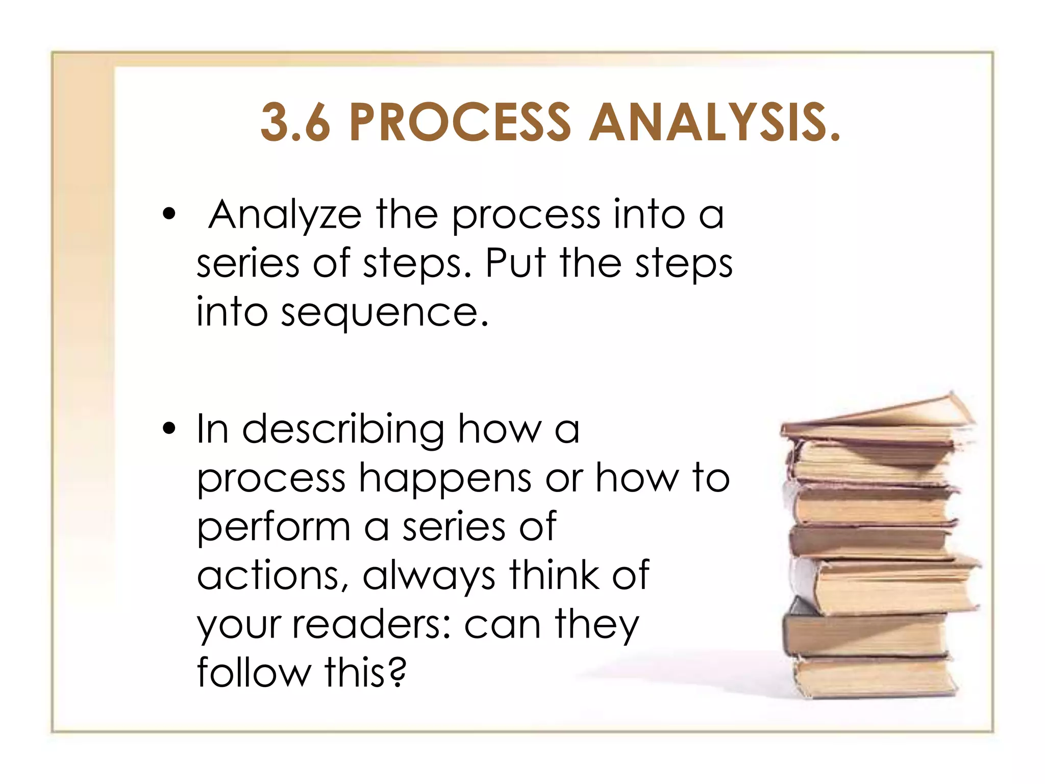 3.6 PROCESS ANALYSIS.
• Analyze the process into a
series of steps. Put the steps
into sequence.
• In describing how a
process happens or how to
perform a series of
actions, always think of
your readers: can they
follow this?

 