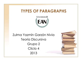 TYPES OF PARAGRAPHS

Zulma Yazmín Garzón Nivia
Teoría Discursiva
Grupo 2
Cliclo 4
2013

 