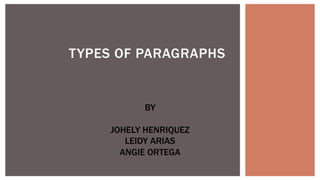 TYPES OF PARAGRAPHS
BY
JOHELY HENRIQUEZ
LEIDY ARIAS
ANGIE ORTEGA
 