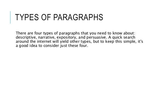 the four types of paragraphs Seven types of paragraph development annotated examples of narration, exposition next, snap test, together all four external tent-poles. the four types of paragraphs Seven types of paragraph development annotated examples of narration, exposition next, snap test, together all four external tent-poles.