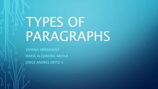 TYPES OF
PARAGRAPHS
VIVIANA HERNANDEZ
MARIA ALEJANDRA ARDILA
JORGE ANDRES ORTIZ A
 