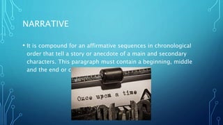 NARRATIVE
• It is compound for an affirmative sequences in chronological
order that tell a story or anecdote of a main and secondary
characters. This paragraph must contain a beginning, middle
and the end or conclusion.
 