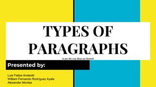 TYPES OF
PARAGRAPHSAs per the way ideas are formed.
Presented by:
Luis Felipe Andeotti
William Fernando Rodríguez Ayala
Alexander Montes
 