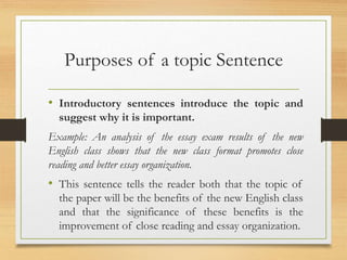 Purposes of a topic Sentence
• Introductory sentences introduce the topic and
suggest why it is important.
Example: An analysis of the essay exam results of the new
English class shows that the new class format promotes close
reading and better essay organization.
• This sentence tells the reader both that the topic of
the paper will be the benefits of the new English class
and that the significance of these benefits is the
improvement of close reading and essay organization.
 