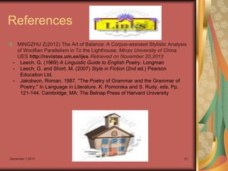 References
MINGZHU Z(2012) The Art of Balance: A Corpus-assisted Stylistic Analysis
of Woolfian Parallelism in To the Lighthouse. Minzu University of China.
IJES http://revistas.um.es/ijes Retrieved on November 20,2013
• Leech, G. (1969) A Linguistic Guide to English Poetry. Longman
• Leech, G. and Short, M. (2007) Style in Fiction (2nd ed.) Pearson
Education Ltd.
• Jakobson, Roman. 1987. "The Poetry of Grammar and the Grammar of
Poetry." In Language in Literature. K. Pomorska and S. Rudy, eds. Pp.
121-144. Cambridge, MA: The Belnap Press of Harvard University

December 1,2013

31

 