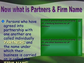 Persons who have
agreed into
partnership with
one another are
called individually
‘PARTNERS’ and
the name under
which thei...