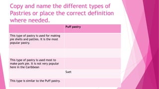 Copy and name the different types of
Pastries or place the correct definition
where needed.
Puff pastry
This type of pastry is used for making
pie shells and patties. It is the most
popular pastry.
This type of pastry is used most to
make pork pie. It is not very popular
here in the Caribbean
Suet
This type is similar to the Puff pastry.
 