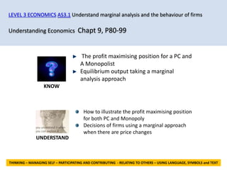 LEVEL 3 ECONOMICS AS3.1 Understand marginal analysis and the behaviour of firms

Understanding Economics Chapt 9, P80-99



                                      The profit maximising position for a PC and
                                      A Monopolist
                                      Equilibrium output taking a marginal
                                      analysis approach
                  KNOW



                                        How to illustrate the profit maximising position
                                        for both PC and Monopoly
                                        Decisions of firms using a marginal approach
                                        when there are price changes
              UNDERSTAND



THINKING – MANAGING SELF – PARTICIPATING AND CONTRIBUTING - RELATING TO OTHERS – USING LANGUAGE, SYMBOLS and TEXT
 