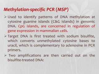 Methylation-specific PCR (MSP)
 Used to identify patterns of DNA methylation at
cytosine guanine islands (C&G islands) in genomic
DNA. CpG islands, are concerned in regulation of
gene expression in mammalian cells.
 Target DNA is first treated with sodium bisulfite,
which converts unmethylated cytosine bases to
uracil, which is complementary to adenosine in PCR
primers.
 Two amplifications are then carried out on the
bisulfite-treated DNA:
 