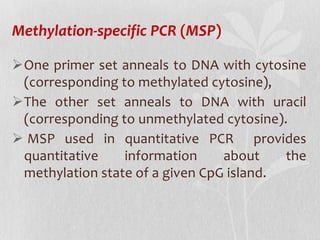 One primer set anneals to DNA with cytosine
(corresponding to methylated cytosine),
The other set anneals to DNA with uracil
(corresponding to unmethylated cytosine).
 MSP used in quantitative PCR provides
quantitative information about the
methylation state of a given CpG island.
Methylation-specific PCR (MSP)
 