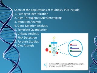 • Some of the applications of multiplex PCR include:
1. Pathogen Identification
2. High Throughput SNP Genotyping
3. Mutation Analysis
4. Gene Deletion Analysis
5. Template Quantitation
6. Linkage Analysis
7. RNA Detection
8. Forensic Studies
9. Diet Analysis
 