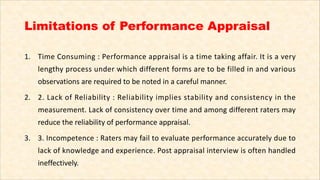 Limitations of Performance Appraisal
1. Time Consuming : Performance appraisal is a time taking affair. It is a very
lengt...