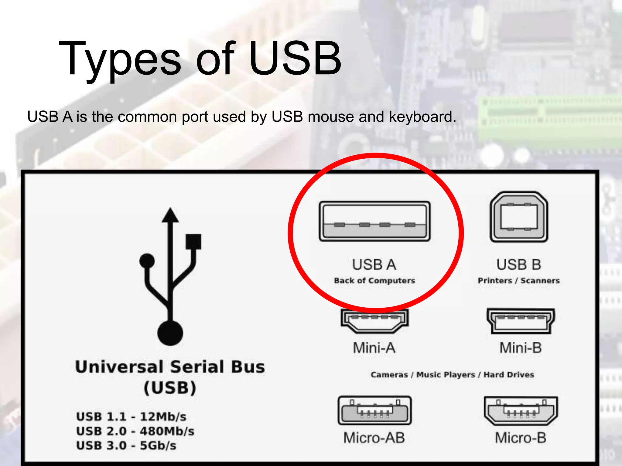 Types of USB
USB A is the common port used by USB mouse and keyboard.
 