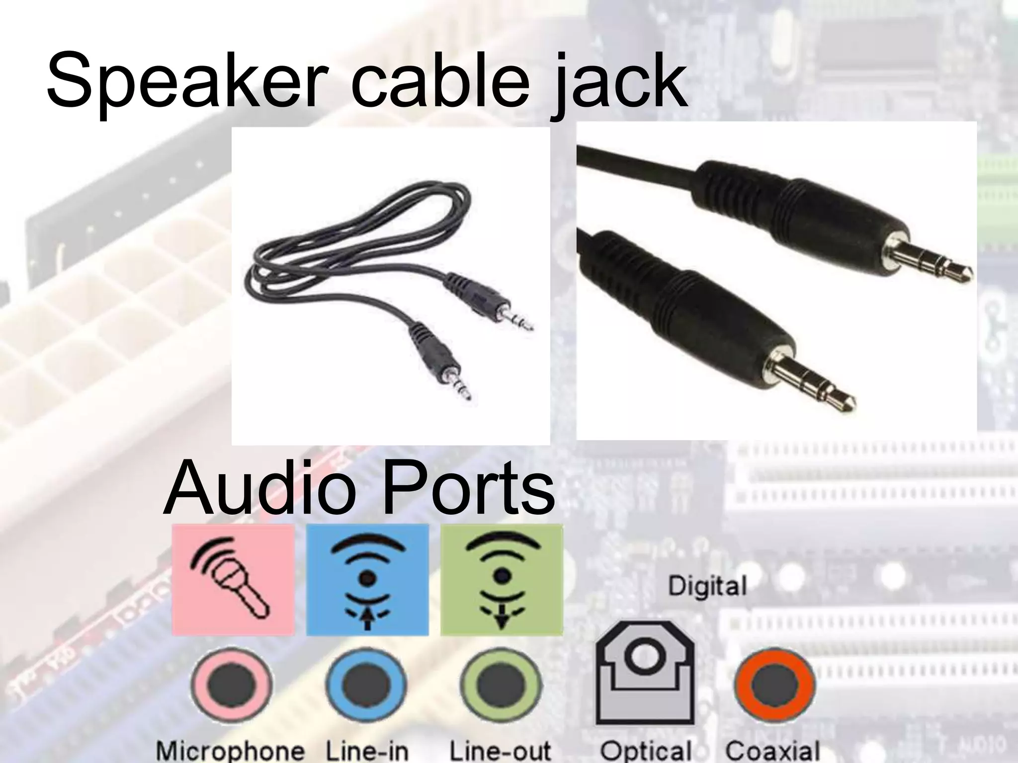 Speaker cable jack
Audio Ports
 