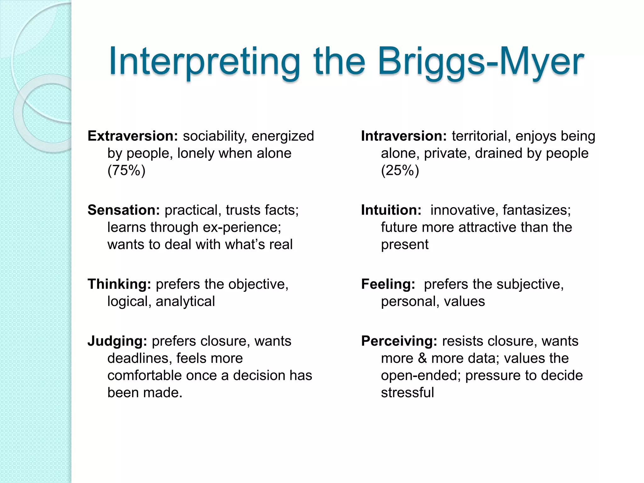 Interpreting the Briggs-Myer
Extraversion: sociability, energized
by people, lonely when alone
(75%)
Sensation: practical, trusts facts;
learns through ex-perience;
wants to deal with what’s real
Thinking: prefers the objective,
logical, analytical
Judging: prefers closure, wants
deadlines, feels more
comfortable once a decision has
been made.
Intraversion: territorial, enjoys being
alone, private, drained by people
(25%)
Intuition: innovative, fantasizes;
future more attractive than the
present
Feeling: prefers the subjective,
personal, values
Perceiving: resists closure, wants
more & more data; values the
open-ended; pressure to decide
stressful
 