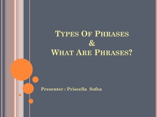 TYPES OF PHRASES
&
WHAT ARE PHRASES?
Presenter : Priscella Sofea
 