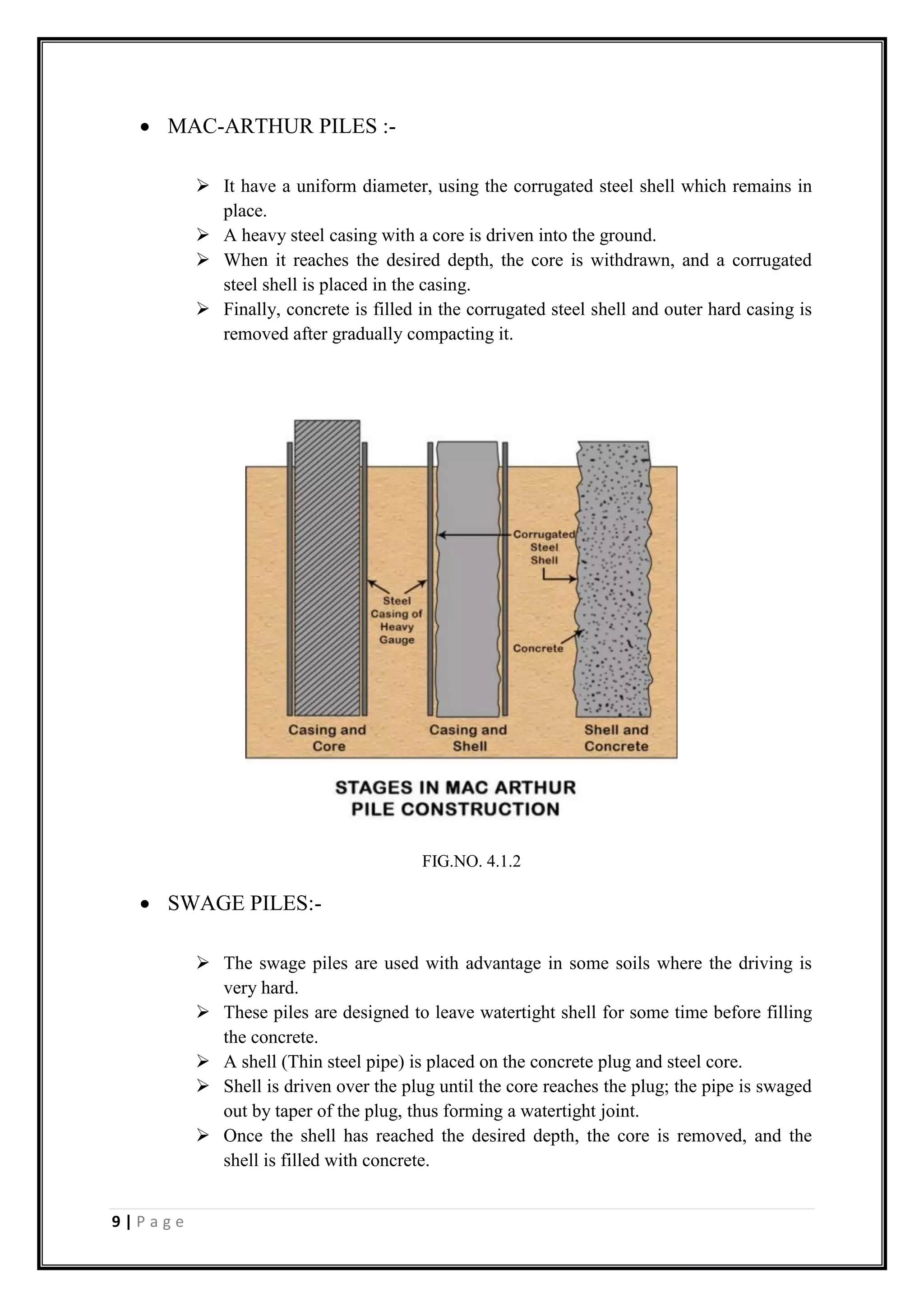 9 | P a g e
 MAC-ARTHUR PILES :-
 It have a uniform diameter, using the corrugated steel shell which remains in
place.
 A heavy steel casing with a core is driven into the ground.
 When it reaches the desired depth, the core is withdrawn, and a corrugated
steel shell is placed in the casing.
 Finally, concrete is filled in the corrugated steel shell and outer hard casing is
removed after gradually compacting it.
 SWAGE PILES:-
 The swage piles are used with advantage in some soils where the driving is
very hard.
 These piles are designed to leave watertight shell for some time before filling
the concrete.
 A shell (Thin steel pipe) is placed on the concrete plug and steel core.
 Shell is driven over the plug until the core reaches the plug; the pipe is swaged
out by taper of the plug, thus forming a watertight joint.
 Once the shell has reached the desired depth, the core is removed, and the
shell is filled with concrete.
FIG.NO. 4.1.2
 