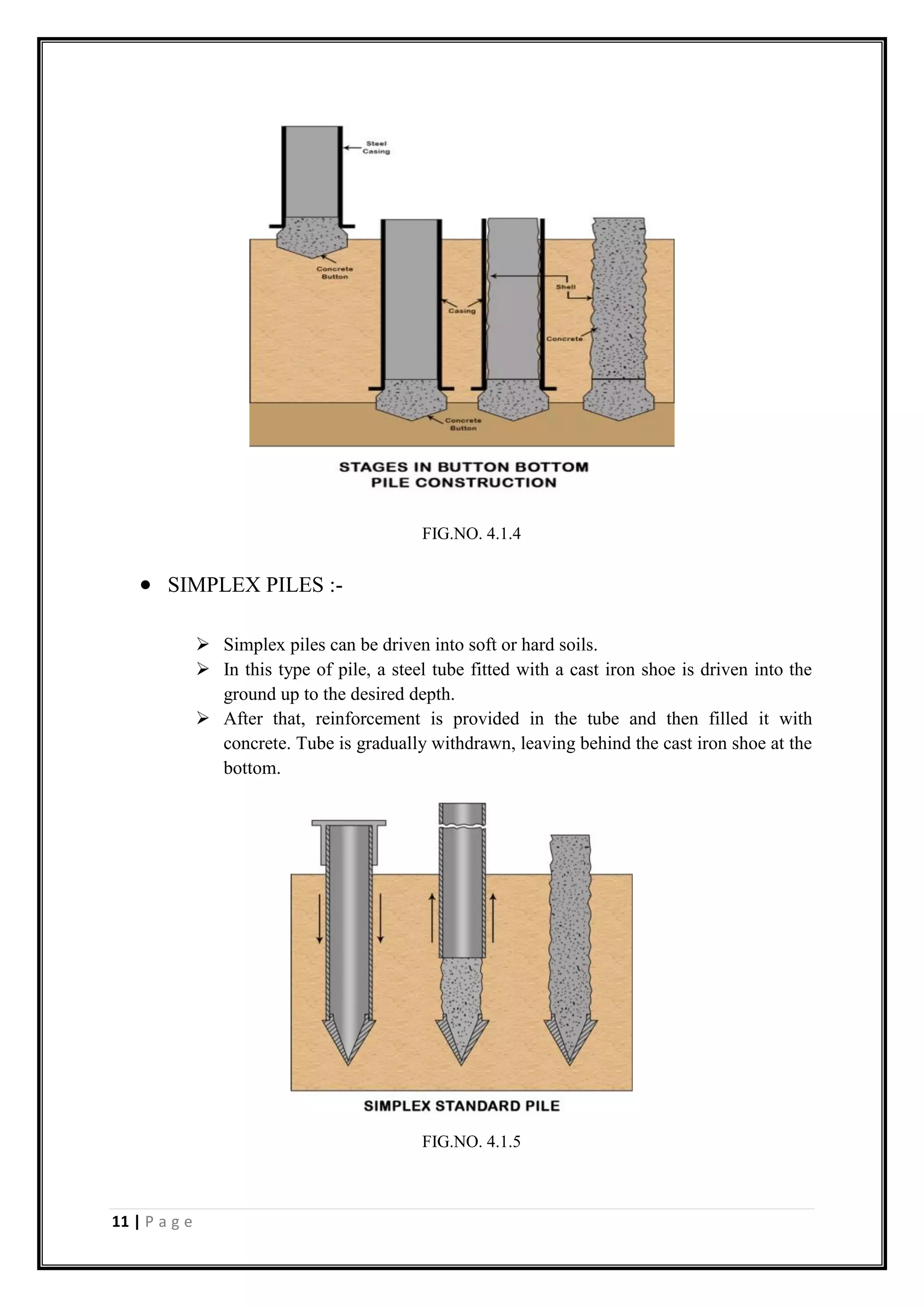 11 | P a g e
 SIMPLEX PILES :-
 Simplex piles can be driven into soft or hard soils.
 In this type of pile, a steel tube fitted with a cast iron shoe is driven into the
ground up to the desired depth.
 After that, reinforcement is provided in the tube and then filled it with
concrete. Tube is gradually withdrawn, leaving behind the cast iron shoe at the
bottom.
FIG.NO. 4.1.4
FIG.NO. 4.1.5
 