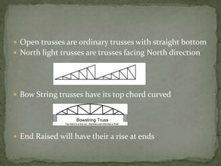  Open trusses are ordinary trusses with straight bottom
 North light trusses are trusses facing North direction
 Bow String trusses have its top chord curved
 End Raised will have their a rise at ends
 