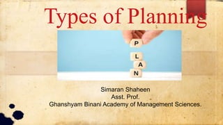 Types of Planning
Simaran Shaheen
Asst. Prof.
Ghanshyam Binani Academy of Management Sciences.
 