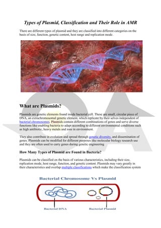 Types of Plasmid, Classification and Their Role in AMR
There are different types of plasmid and they are classified into different categories on the
basis of size, function, genetic content, host range and replication mode.
What are Plasmids?
Plasmids are genetic elements found inside bacterial cell. These are small, circular piece of
DNA, an extrachromosomal genetic element, which replicate by their selves independent of
bacterial chromosomes. Plasmids contain different combinations of genes and serve diverse
functions like enabling bacteria to adapt according to different environmental conditions such
as high antibiotic, heavy metals and ions in environment.
They also contribute in evolution and spread through genetic diversity, and dissemination of
genes. Plasmids can be modified for different purposes like molecular biology research use
and they are often used to carry genes during genetic engineering
How Many Types of Plasmid are Found in Bacteria?
Plasmids can be classified on the basis of various characteristics, including their size,
replication mode, host range, function, and genetic content. Plasmids may vary greatly in
their characteristics and overlap multiple classifications which make the classification system
 