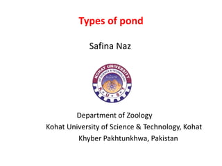 Types of pond
Safina Naz
Department of Zoology
Kohat University of Science & Technology, Kohat
Khyber Pakhtunkhwa, Pakistan
 