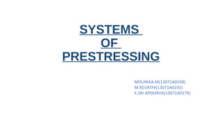 SYSTEMS
OF
PRESTRESSING
MOUNIKA.M(13071A0198)
M.REVATHI(13071A0192)
K.SRI APOORVA(13071A0179)
 