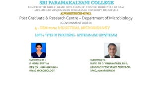 REACCREDITED WITH A+ GRADE WITH A CGPA OF 3.9 IN THE THIRD CYCLE OF NAAC
AFFILIATED TO MANONMANIAM SUNDARANAR UNIVERSITY, TIRUNELVELI
Post Graduate & Research Centre – Department of Microbiology
(GOVERNMENT AIDED)
UNIT-1 :TYPESOF PROCESSING- UPSTREAMANDOWNSTREAM
SUBMITTED BY : SUBMITTED TO :
K.JANAKI SUJITHA GUIDE: DR. S.VISWANATHAN, PH.D,
REG NO – 20211232516111 ASSISTANT PROFESSOR AND HEAD,
II MSC MICROBIOLOGY SPKC, ALWARKURICHI.
 