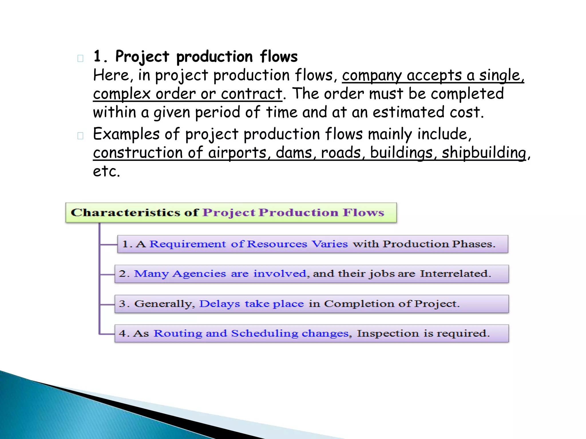 1. Project production flows 
Here, in project production flows, company accepts a single, 
complex order or contract. The order must be completed 
within a given period of time and at an estimated cost. 
Examples of project production flows mainly include, 
construction of airports, dams, roads, buildings, shipbuilding, 
etc. 
 