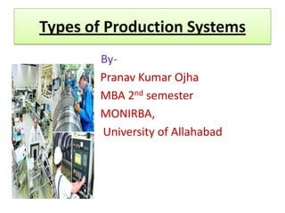 Types of Production Systems
       By-
       Pranav Kumar Ojha
       MBA 2nd semester
       MONIRBA,
       University of Allahabad
 