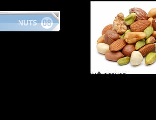 NUTS
Ever wondered why nutty flavors have usually more grams
of protein than other flavors? Nuts are an excellent source
of protein and healthy fats. Pecans provide 2g of protein
per ounce, Hazelnuts and Cashews 4g. Walnuts and Peanuts
come with a whopping 7 grams of protein per ounce.
Almonds and Pistachios are the runner-ups with 6 grams.
 