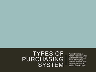 TYPES OF
PURCHASING
SYSTEM
Avish Shah (87)
Karen Rodricks (82)
Subramanian (102)
Niket Shah (89)
Pranali Nawale (63)
Varsha Parmar (67)
Viddhi Parekh (66)
 